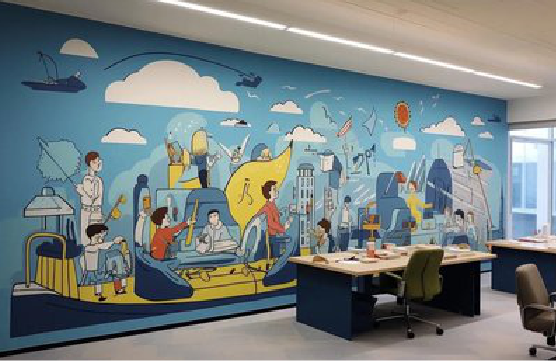 社旗办公室墙绘的特点。